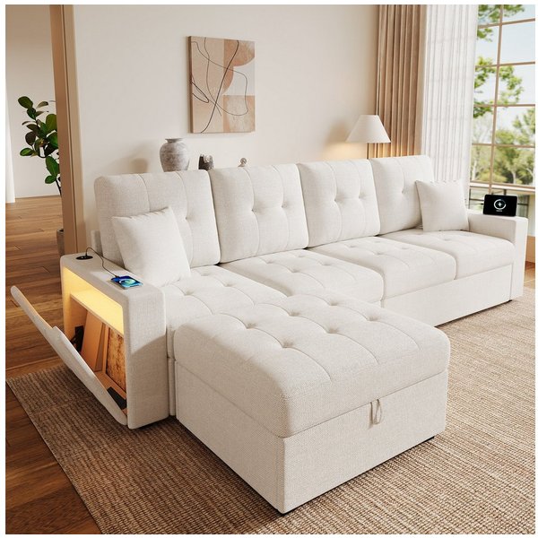 Merax Sofa mit flexiblem Hocker und großem Stauraum, L-Sofa aus Leinenbezug, 253 × 144,5 × 80,7 cm 1 Teile, 4-Sitzer-Sofa mit LED,USB & Type-C Ladeanschlüssen a