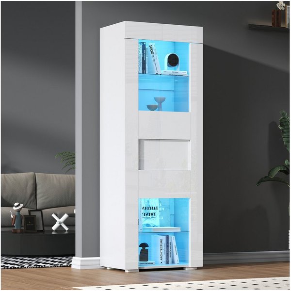 Merax Standvitrine Hochglanz schmal Glasvitrine mit LED inkl.APP (1-St., Wohnzimmerschrank Hochschrank Standregal Schrank Vitrinenschrank) Vitrine mit Acryl-Tür