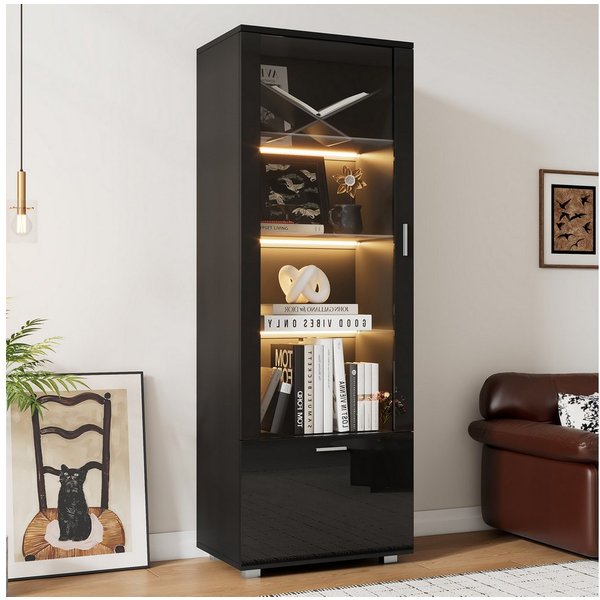 Merax Standvitrine hochglanz Vitrine mit LED-Beleuchtung (1-St., Schrank Hochschrank) Glasvitrine mit Acryl-Glastüren,3 Glasböden & Stauraumfach,40x50x160cm