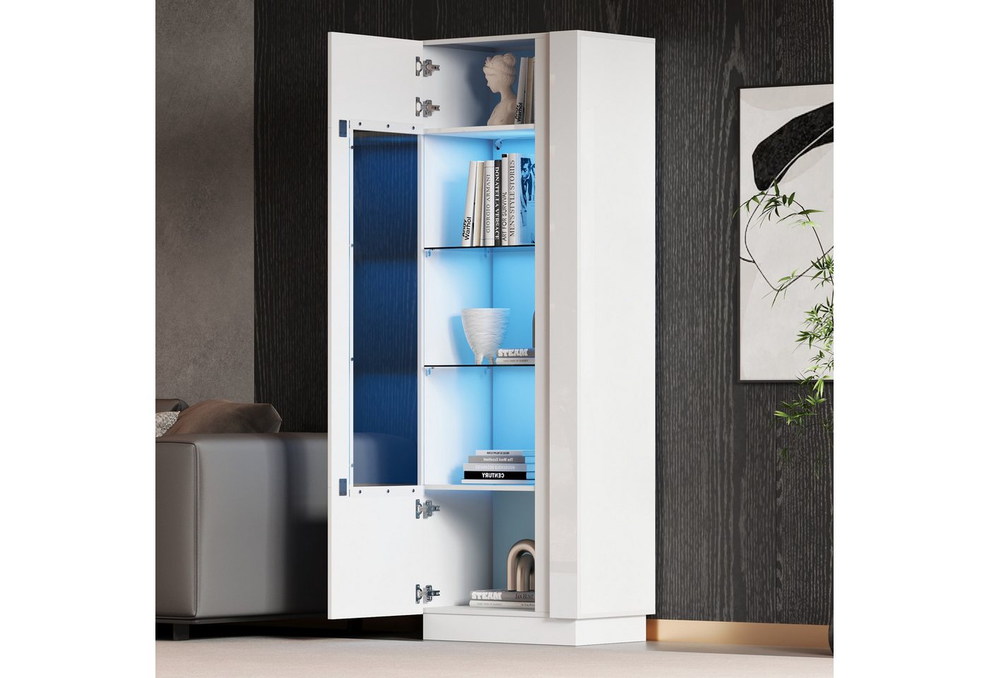 Merax Standvitrine Hochglanz Vitrine mit LED und App-Steuerung (Standregal Schrank Vitrinenschrank, 1-St., 60 x 40 x 180 cm) Hochschrank Vitrinenschrank mit it  – Bild 2 von 5