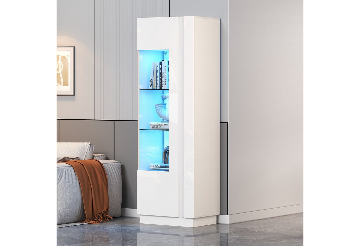 Merax Standvitrine Hochglanz Vitrine mit LED und App-Steuerung (Standregal Schrank Vitrinenschrank, 1-St., 60 x 40 x 180 cm) Hochschrank Vitrinenschrank mit it  – Bild 3 von 5
