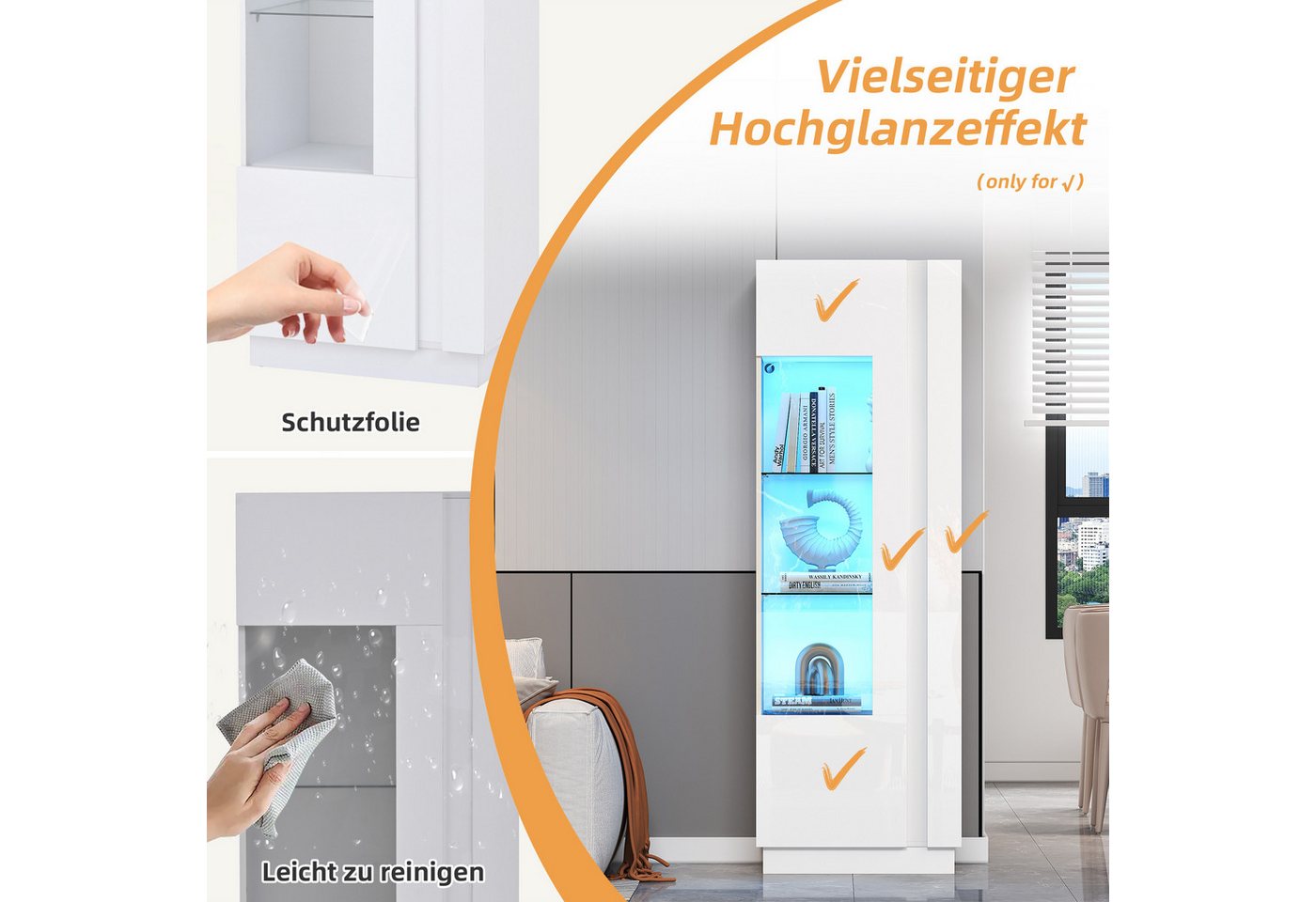 Merax Standvitrine Hochglanz Vitrine mit LED und App-Steuerung (Standregal Schrank Vitrinenschrank, 1-St., 60 x 40 x 180 cm) Hochschrank Vitrinenschrank mit it  – Bild 5 von 5