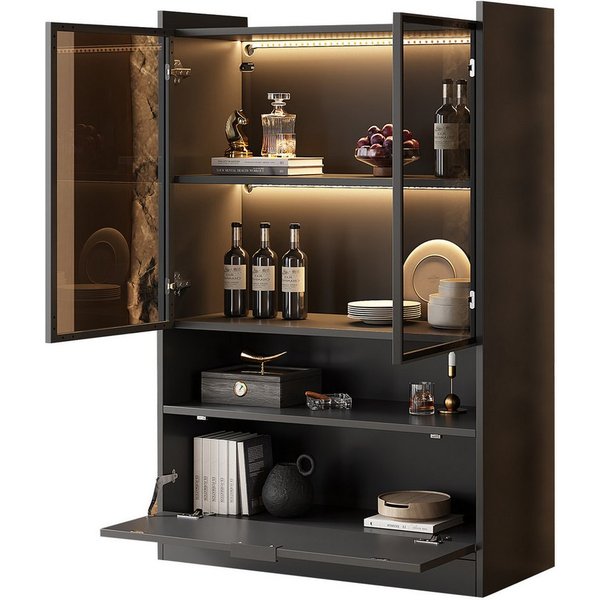 Merax Standvitrine Matt Glasvitrine mit LED-Beleuchtung und Stauraum (1-St., Standregal Schrank Vitrine) Wohnzimmerschrank mit Glastüren und Klapptür, H:120cm