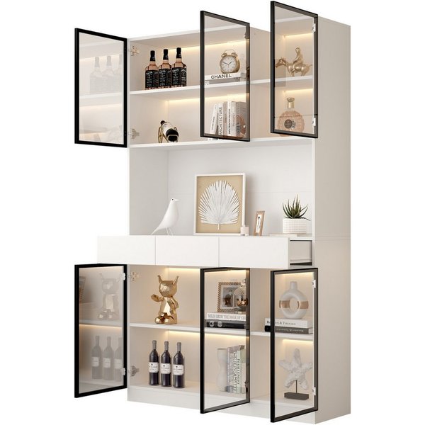 Merax Standvitrine Matt Glasvitrine mit LED-Beleuchtung und Stauraum (30x120x200 cm, 1-St., Standregal Schrank Vitrine) Vitrine mit 6 Türen, 3 Schubladen, schwa
