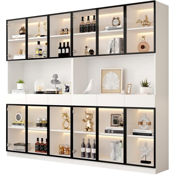 Merax Standvitrine Matt Glasvitrine mit LED-Beleuchtung und Stauraum (30x120x200 cm, 2-St., Standregal Schrank Vitrine) Vitrine mit 6 Türen, 3 Schubladen, schwa