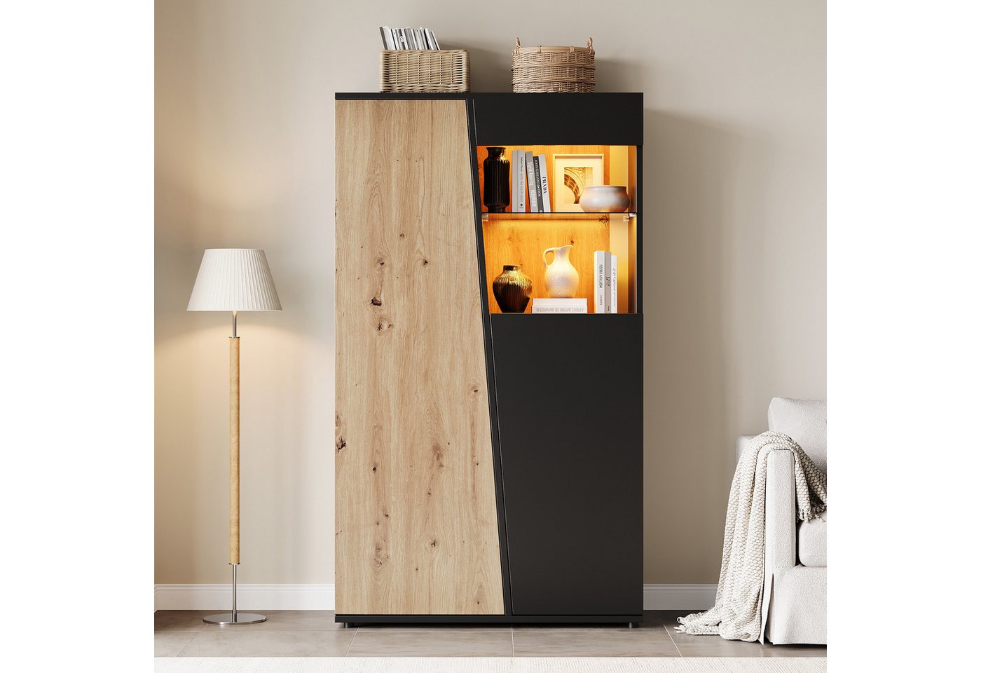 Merax Standvitrine mit LED-Beleuchtung,Vintage Hochschrank Vitrinenschrank mit Soft-Close (1-St., 80 x 35 x 139,5 cm) Vitrine mit 2 Türen, 9 Staufächern & verst – Bild 3 von 5