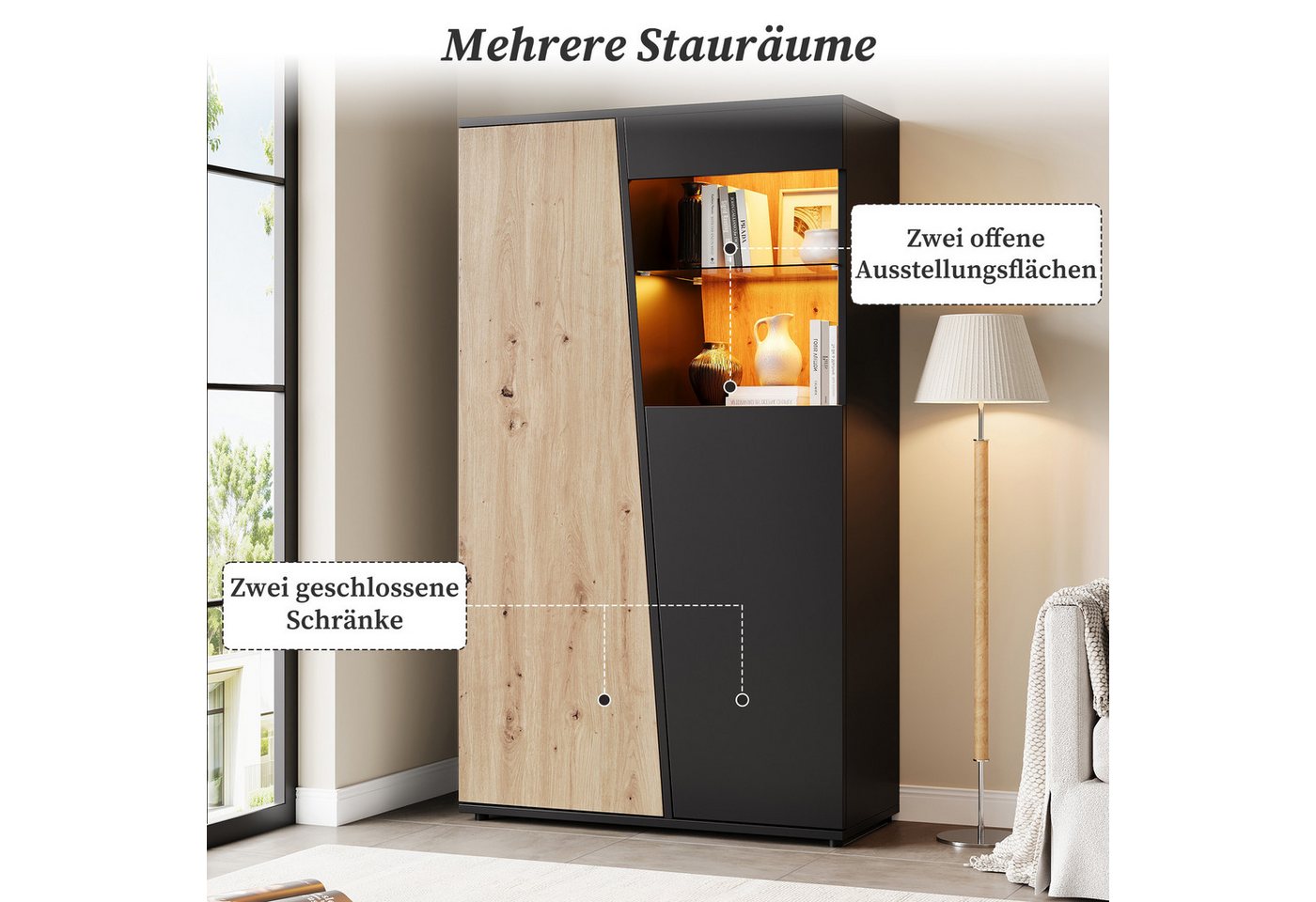 Merax Standvitrine mit LED-Beleuchtung,Vintage Hochschrank Vitrinenschrank mit Soft-Close (1-St., 80 x 35 x 139,5 cm) Vitrine mit 2 Türen, 9 Staufächern & verst – Bild 4 von 5