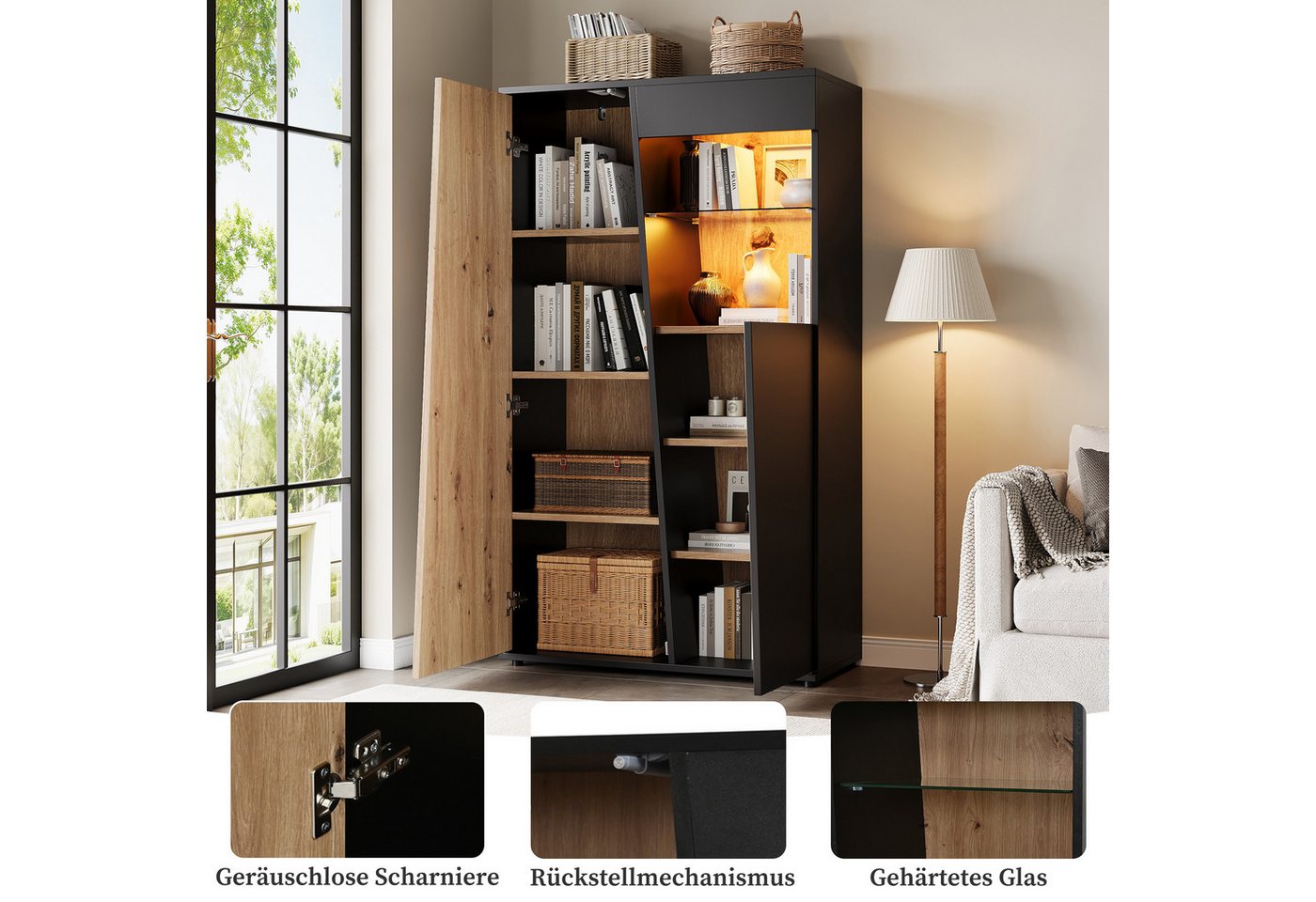 Merax Standvitrine mit LED-Beleuchtung,Vintage Hochschrank Vitrinenschrank mit Soft-Close (1-St., 80 x 35 x 139,5 cm) Vitrine mit 2 Türen, 9 Staufächern & verst – Bild 5 von 5