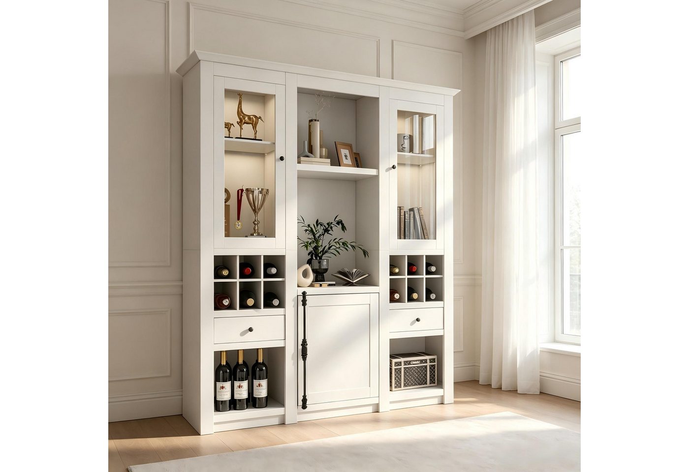 Merax Standvitrine mit LED-Beleuchtung, Buffet Stauraumvitrine Anrichte (1-St., 143×45,5×170 cm) Standvitrine mit 2 Acryl-Glastüren, 2 Schubladen, Stauraum, Wei – Bild 2 von 5