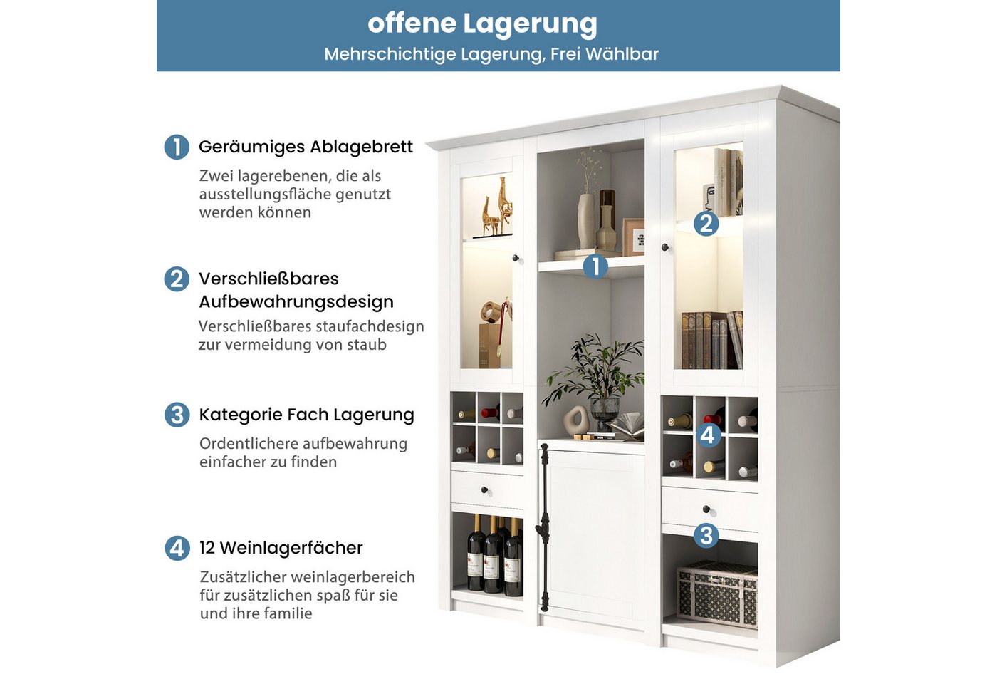 Merax Standvitrine mit LED-Beleuchtung, Buffet Stauraumvitrine Anrichte (1-St., 143×45,5×170 cm) Standvitrine mit 2 Acryl-Glastüren, 2 Schubladen, Stauraum, Wei – Bild 3 von 5