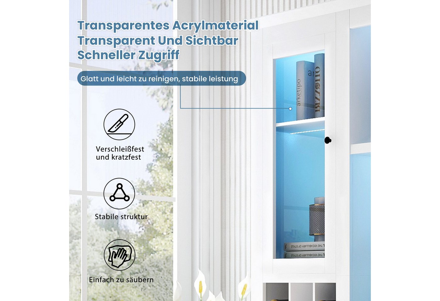 Merax Standvitrine mit LED-Beleuchtung, Buffet Stauraumvitrine Anrichte (1-St., 143×45,5×170 cm) Standvitrine mit 2 Acryl-Glastüren, 2 Schubladen, Stauraum, Wei – Bild 4 von 5