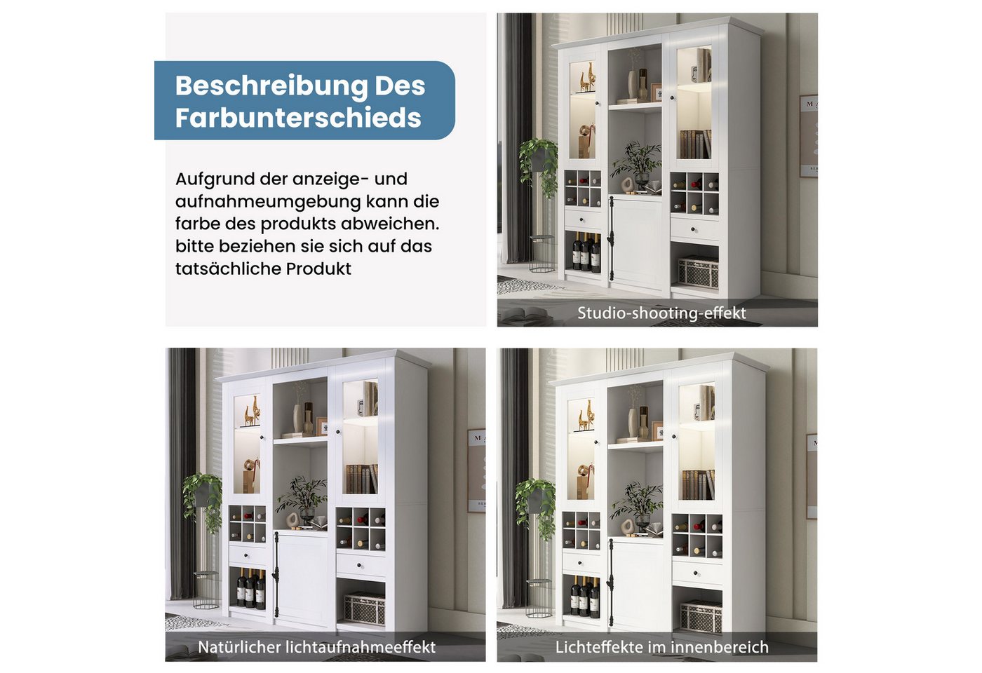 Merax Standvitrine mit LED-Beleuchtung, Buffet Stauraumvitrine Anrichte (1-St., 143×45,5×170 cm) Standvitrine mit 2 Acryl-Glastüren, 2 Schubladen, Stauraum, Wei – Bild 5 von 5