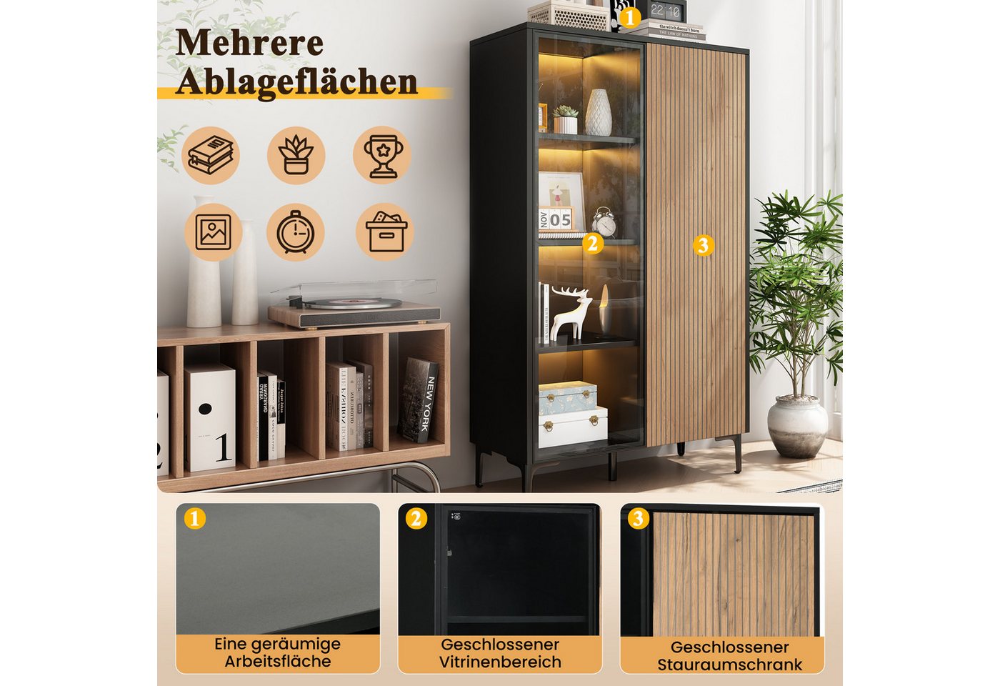 Merax Standvitrine mit LED-Beleuchtung, Vintage Vitrinenschrank mit Push-to-Open Funktion (90 x 40 x 135 cm (L x B x H), 1-St) Vitrine mit 2 Türen inkl.Glastür, – Bild 4 von 5