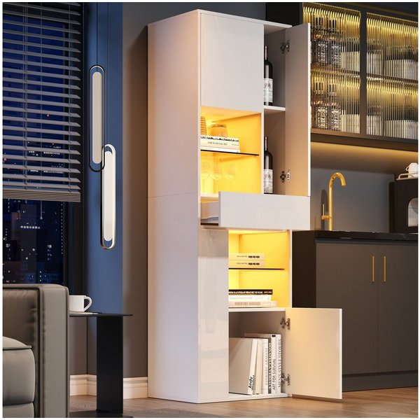 Merax Standvitrine Standvitrine mit LED-Beleuchtung, Hochglanzfront & Glasböden (1-St., Standregal Schrank Wohnzimmerschrank)