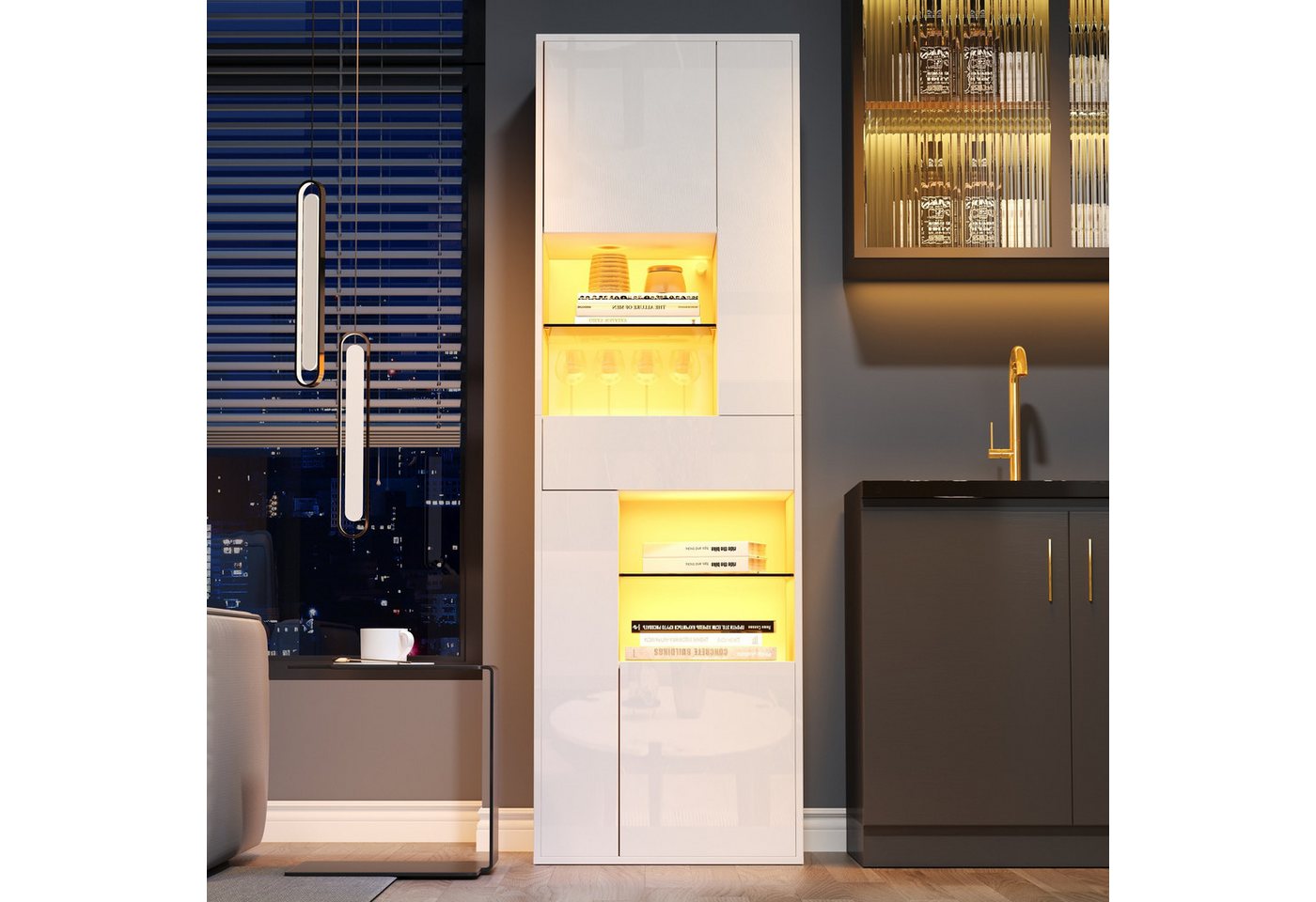 Merax Standvitrine Standvitrine mit LED-Beleuchtung, Hochglanzfront & Glasböden (1-St., Standregal Schrank Wohnzimmerschrank) – Bild 2 von 5