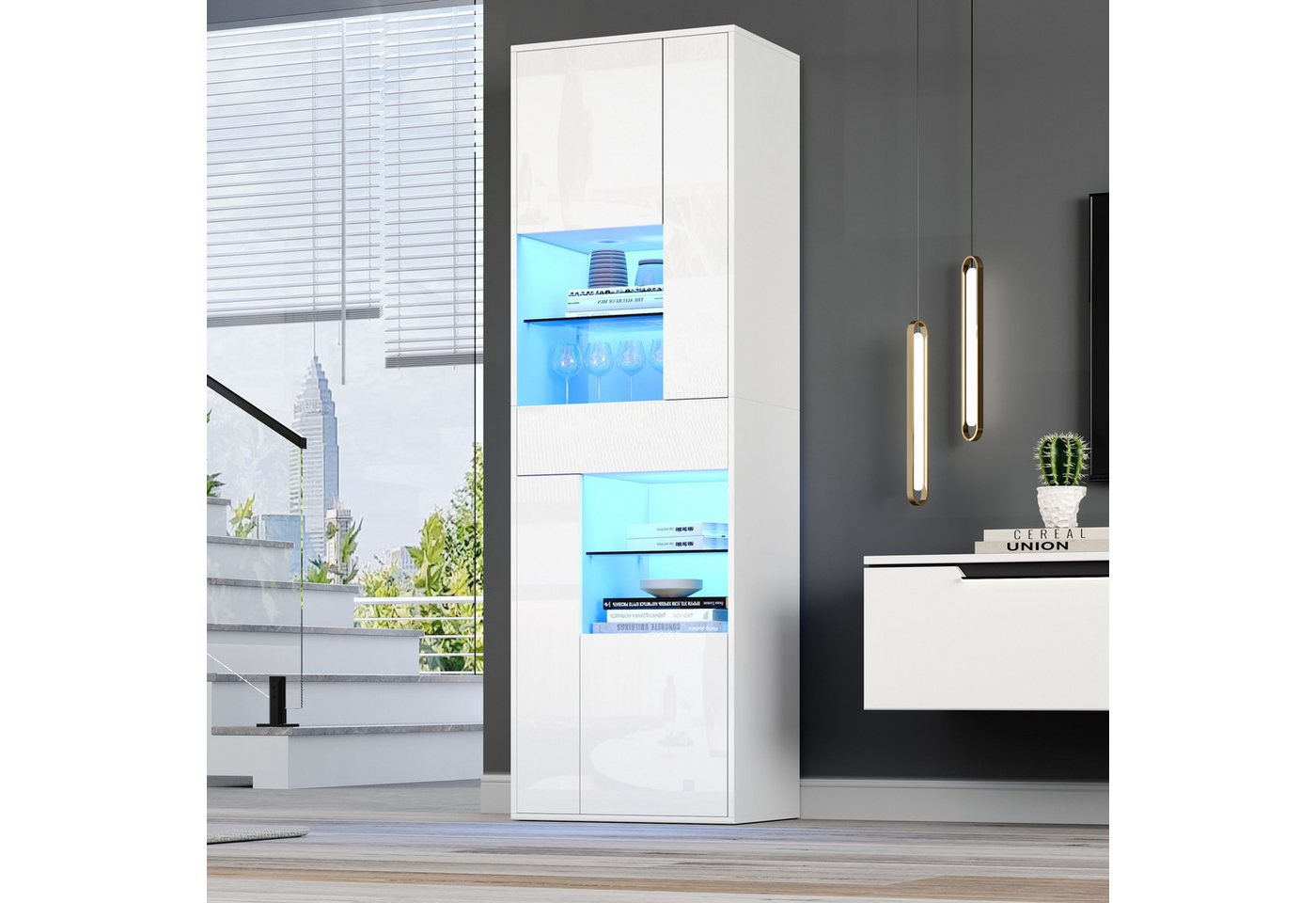 Merax Standvitrine Standvitrine mit LED-Beleuchtung, Hochglanzfront & Glasböden (1-St., Standregal Schrank Wohnzimmerschrank) – Bild 3 von 5