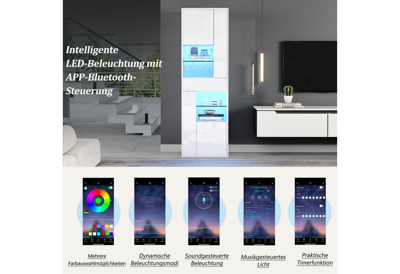 Merax Standvitrine Standvitrine mit LED-Beleuchtung, Hochglanzfront & Glasböden (1-St., Standregal Schrank Wohnzimmerschrank) – Bild 4 von 5