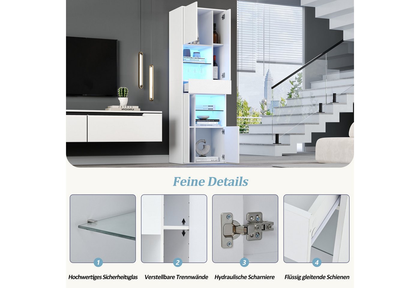 Merax Standvitrine Standvitrine mit LED-Beleuchtung, Hochglanzfront & Glasböden (1-St., Standregal Schrank Wohnzimmerschrank) – Bild 5 von 5