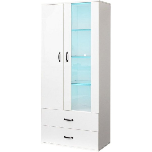 Merax Standvitrine mit LED-Beleuchtung, Hochglanz Front Vitrine mit großem Stauraum,Vitrinenschrank,Höhe: 182cm
