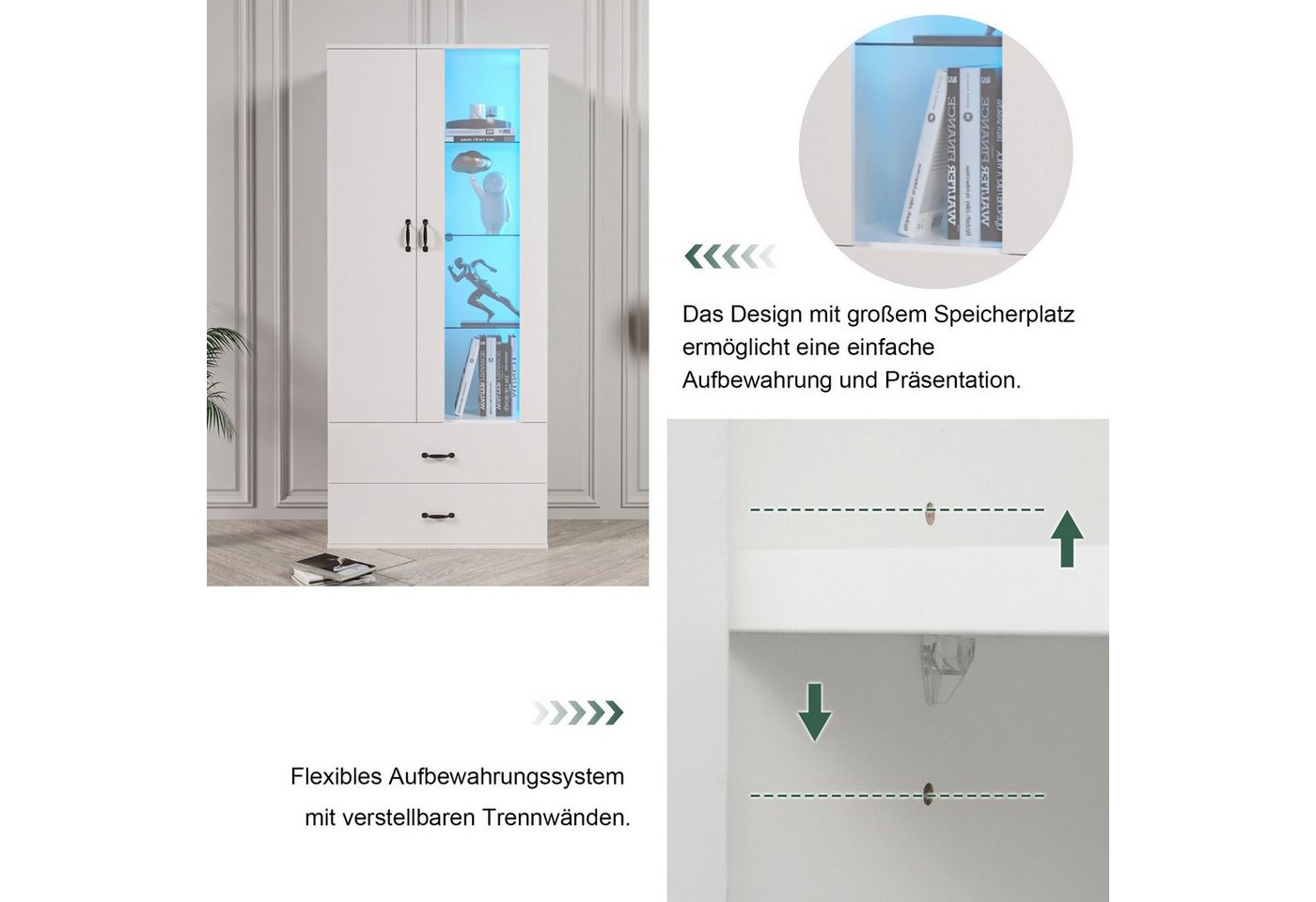 Merax Standvitrine mit LED-Beleuchtung, Hochglanz Front Vitrine mit großem Stauraum,Vitrinenschrank,Höhe: 182cm – Bild 3 von 5