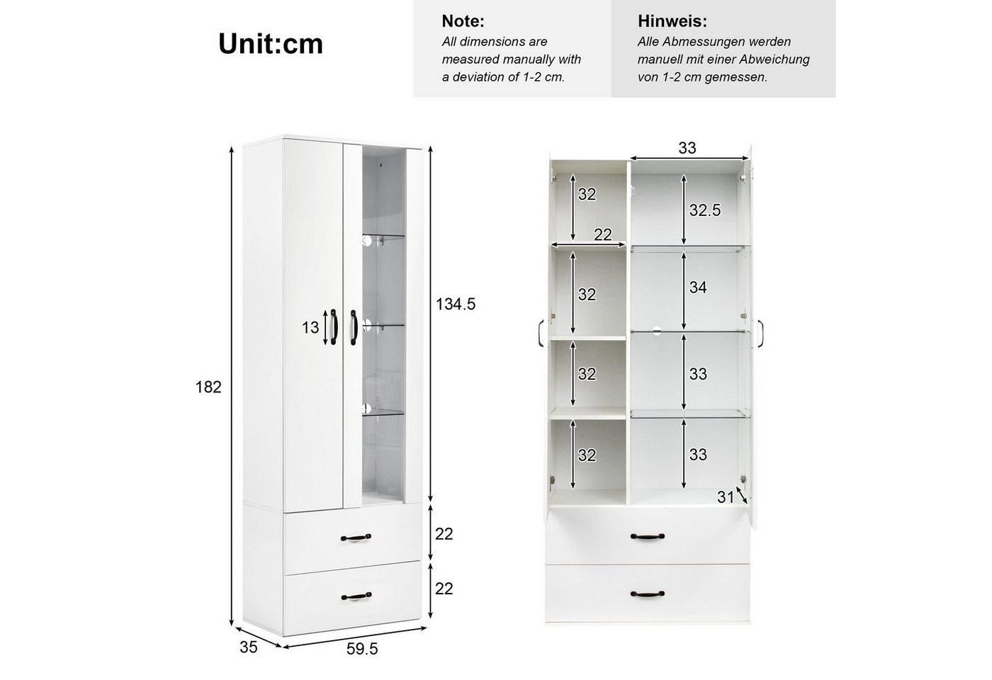 Merax Standvitrine mit LED-Beleuchtung, Hochglanz Front Vitrine mit großem Stauraum,Vitrinenschrank,Höhe: 182cm – Bild 5 von 5
