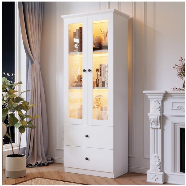 Merax Standvitrine schmal Vitrinen mit LED und USB-Anschluss (inkl.Fernbedienung, 1-St., Hochschrank Standregal Schrank Vitrine) Vitrinenschrank mit verstellbar