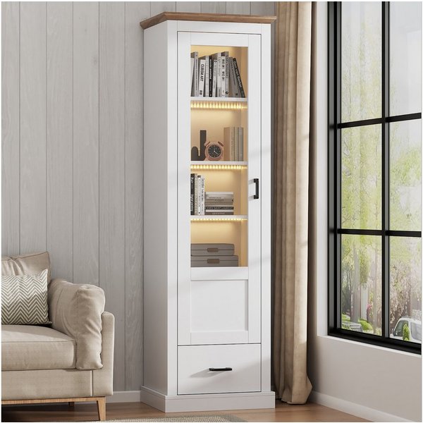 Merax Standvitrine schmal Vitrinen mit LED und USB-Anschluss (inkl.Fernbedienung, 1-St., Hochschrank Standregal Schrank Vitrine) Vitrinenschrank mit verstellbar