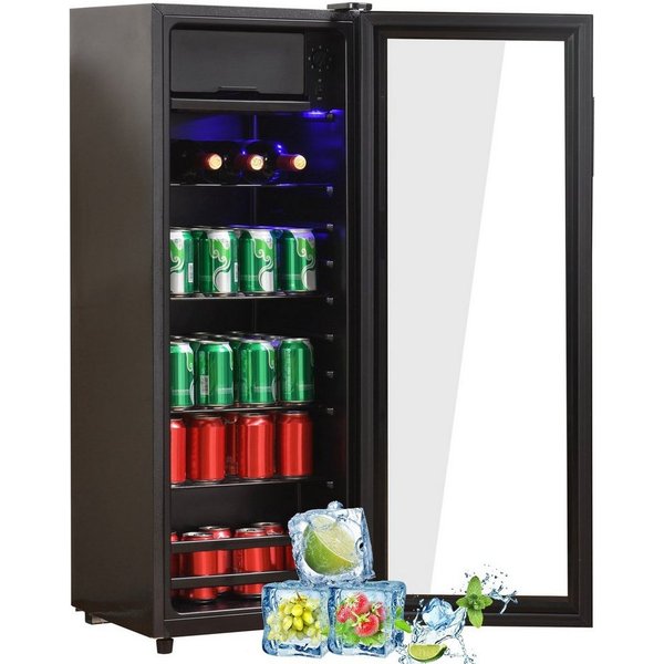 Merax Table Top Kühlschrank 128L mit Gefrierfach, Glastür, LED-Beleuchtung, verstellebare Ablage, Getränkekühlschrank SC-128P, 110 cm hoch, 40 cm breit, Mini Kü