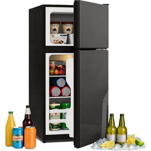 Merax Table Top Kühlschrank Freistehend, Minikühlschrank 60L mit Gefrierfach 22L BCD-86AB, 87.5 cm hoch, 42.5 cm breit, Kompakt Kühlschrank mit Glastür & LED, L
