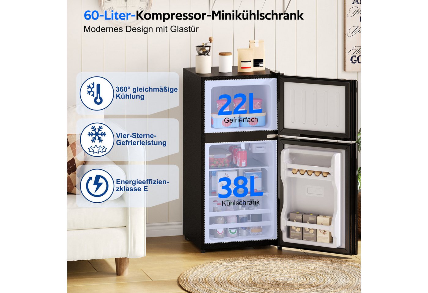 Merax Table Top Kühlschrank Freistehend, Minikühlschrank 60L mit Gefrierfach 22L BCD-86AB, 87.5 cm hoch, 42.5 cm breit, Kompakt Kühlschrank mit Glastür & LED, L – Bild 2 von 5