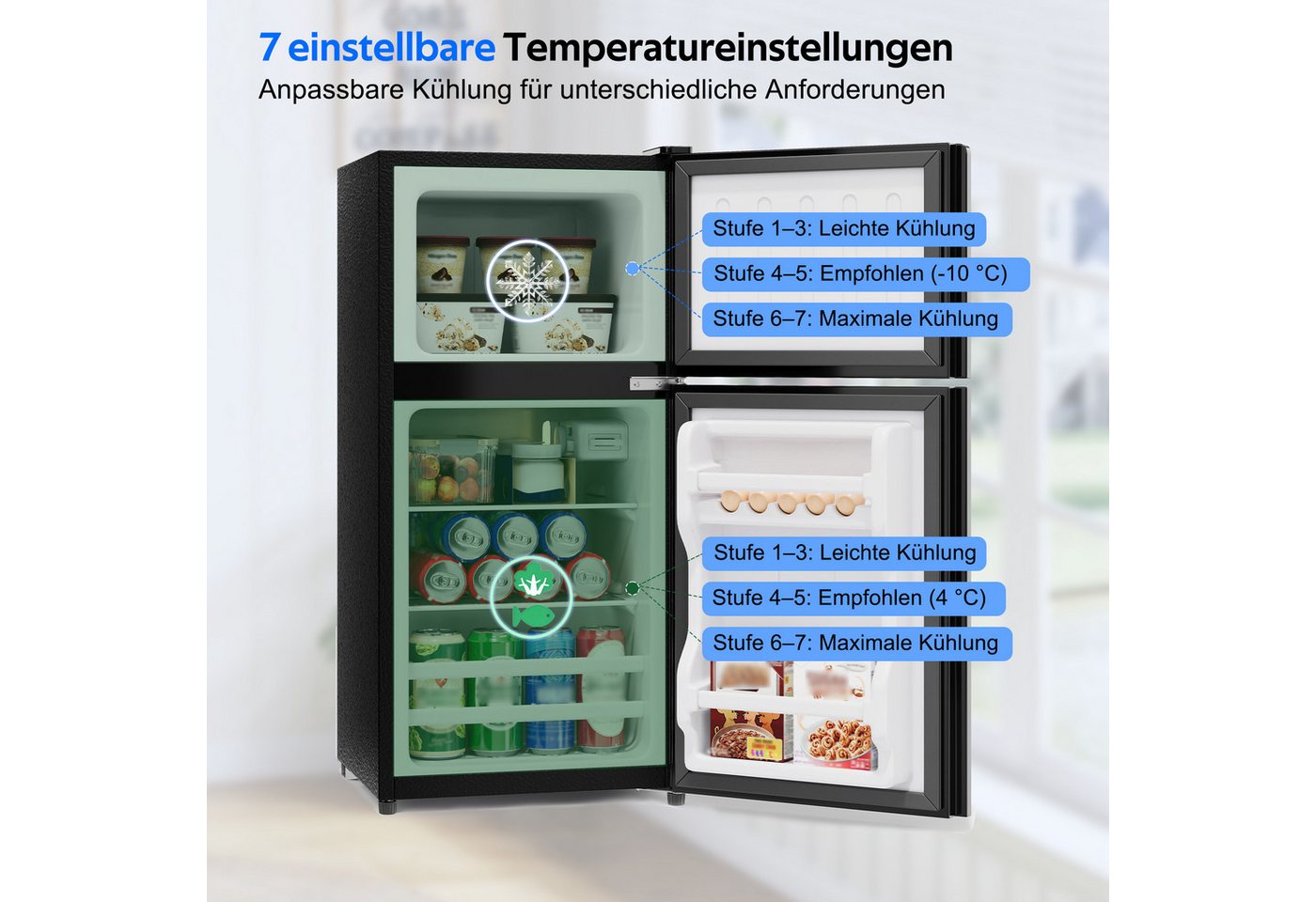 Merax Table Top Kühlschrank Freistehend, Minikühlschrank 60L mit Gefrierfach 22L BCD-86AB, 87.5 cm hoch, 42.5 cm breit, Kompakt Kühlschrank mit Glastür & LED, L – Bild 3 von 5