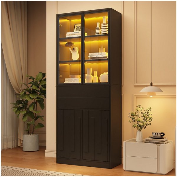 Merax Vitrine mit LED-Beleuchtung, Standvitrine mit 4 Türen aus Sicherheitsglas (70 × 34 × 180 cm, 1-St., Glasvitrine Standvitrine) Hochschrank mit 2 Schubladen