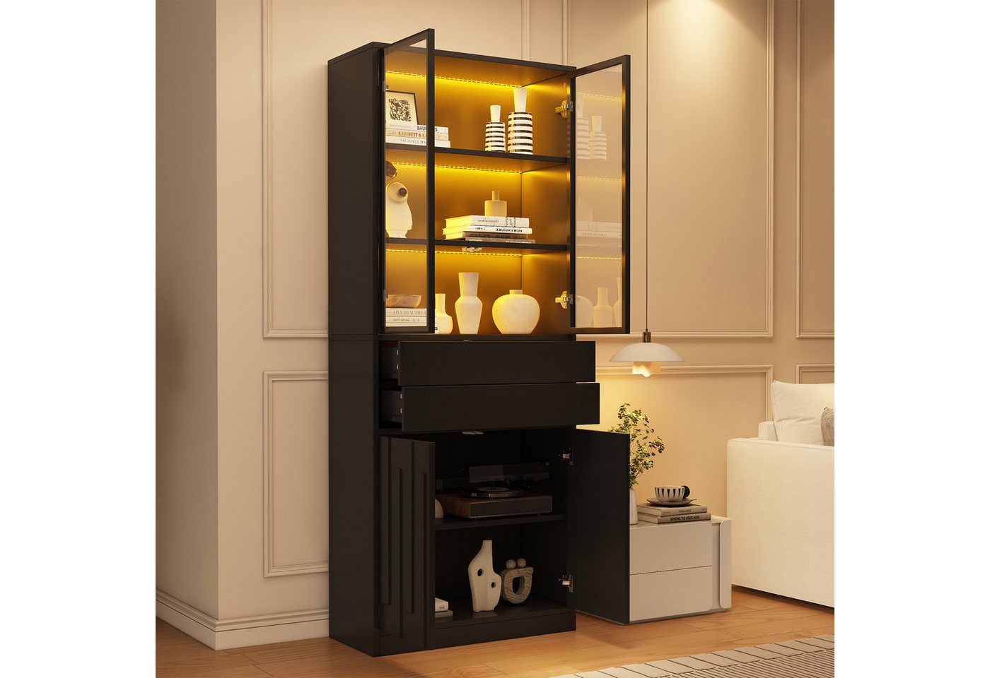 Merax Vitrine mit LED-Beleuchtung, Standvitrine mit 4 Türen aus Sicherheitsglas (70 × 34 × 180 cm, 1-St., Glasvitrine Standvitrine) Hochschrank mit 2 Schubladen – Bild 2 von 5