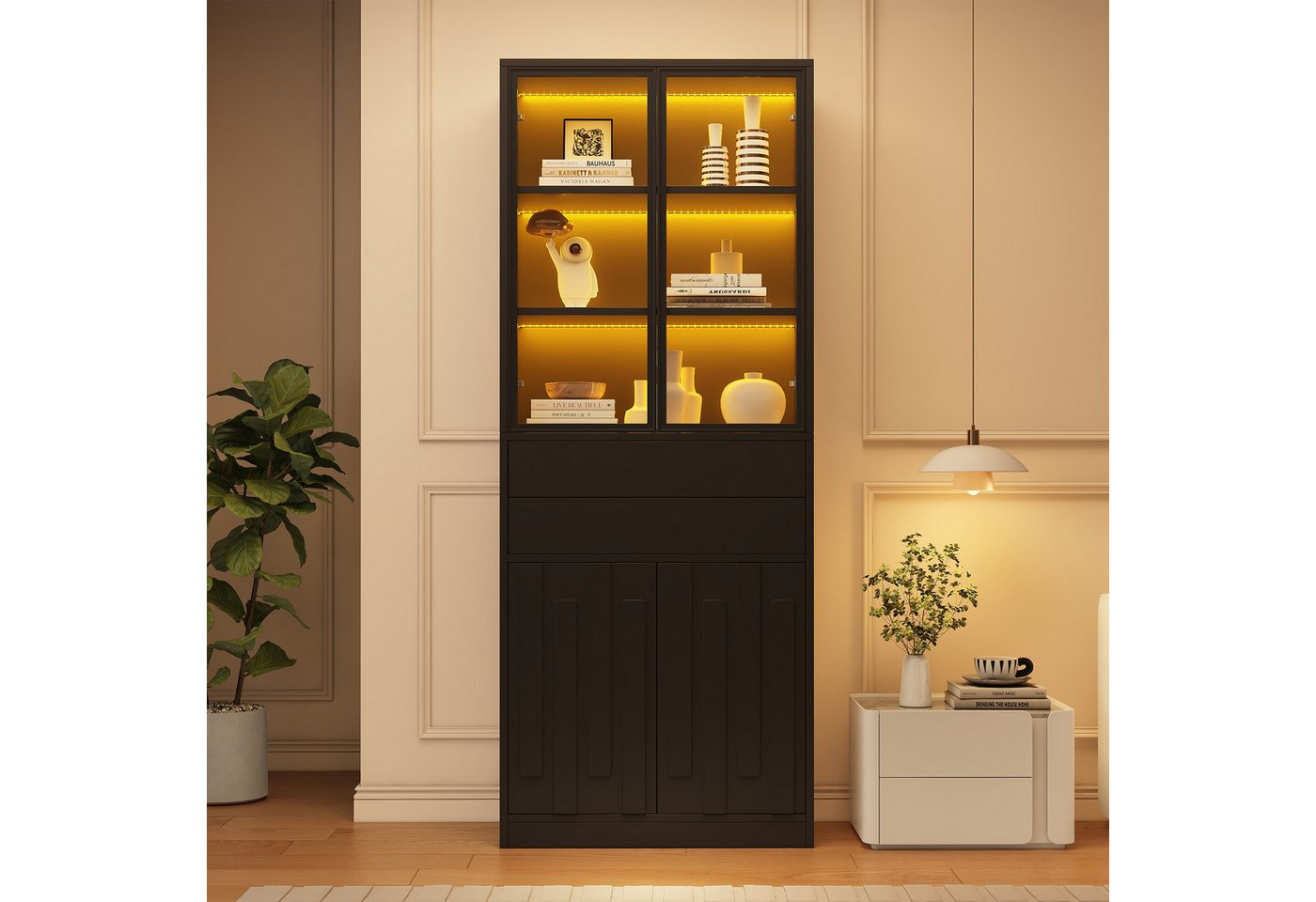 Merax Vitrine mit LED-Beleuchtung, Standvitrine mit 4 Türen aus Sicherheitsglas (70 × 34 × 180 cm, 1-St., Glasvitrine Standvitrine) Hochschrank mit 2 Schubladen – Bild 3 von 5