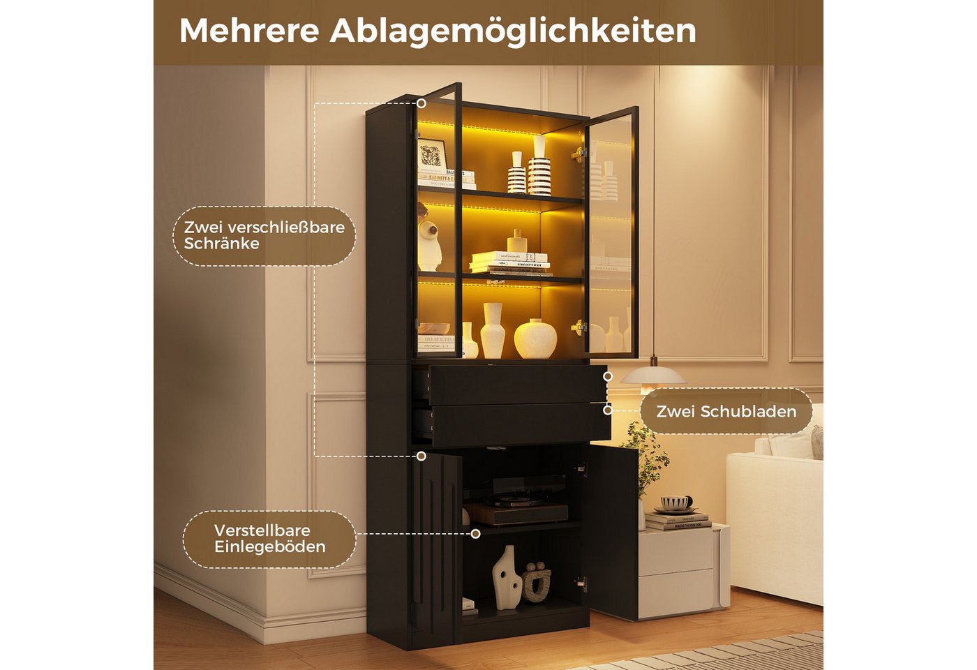 Merax Vitrine mit LED-Beleuchtung, Standvitrine mit 4 Türen aus Sicherheitsglas (70 × 34 × 180 cm, 1-St., Glasvitrine Standvitrine) Hochschrank mit 2 Schubladen – Bild 4 von 5