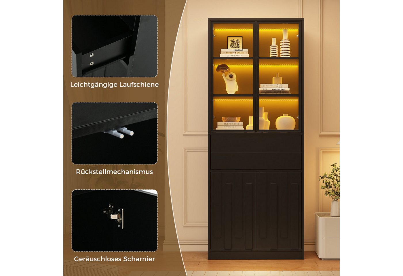 Merax Vitrine mit LED-Beleuchtung, Standvitrine mit 4 Türen aus Sicherheitsglas (70 × 34 × 180 cm, 1-St., Glasvitrine Standvitrine) Hochschrank mit 2 Schubladen – Bild 5 von 5