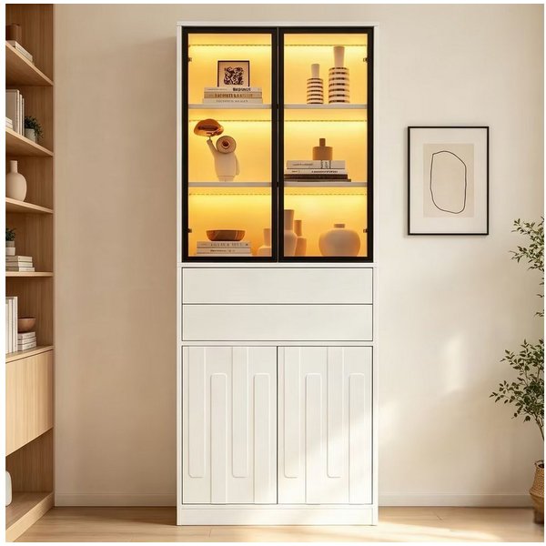 Merax Vitrine mit LED-Beleuchtung, Standvitrine mit 4 Türen aus Sicherheitsglas (70 × 34 × 180 cm, 1-St., Glasvitrine Standvitrine) Hochschrank mit 2 Schubladen