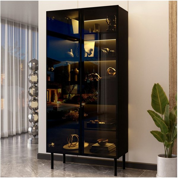 Merax Vitrine mit LED-Beleuchtung, Aufbewahrungsschrank Hochschrank (70 L x 36 B x 170 H cm, 1-St) Standvitrine mit 2 Schubladen, Innenregalen und Glasfront