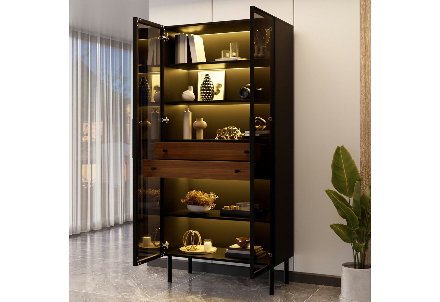 Merax Vitrine mit LED-Beleuchtung, Aufbewahrungsschrank Hochschrank (70 L x 36 B x 170 H cm, 1-St) Standvitrine mit 2 Schubladen, Innenregalen und Glasfront – Bild 2 von 5