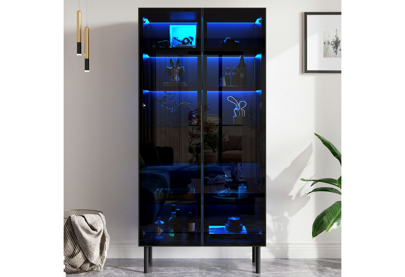 Merax Vitrine mit LED-Beleuchtung, Aufbewahrungsschrank Hochschrank (70 L x 36 B x 170 H cm, 1-St) Standvitrine mit 2 Schubladen, Innenregalen und Glasfront – Bild 3 von 5