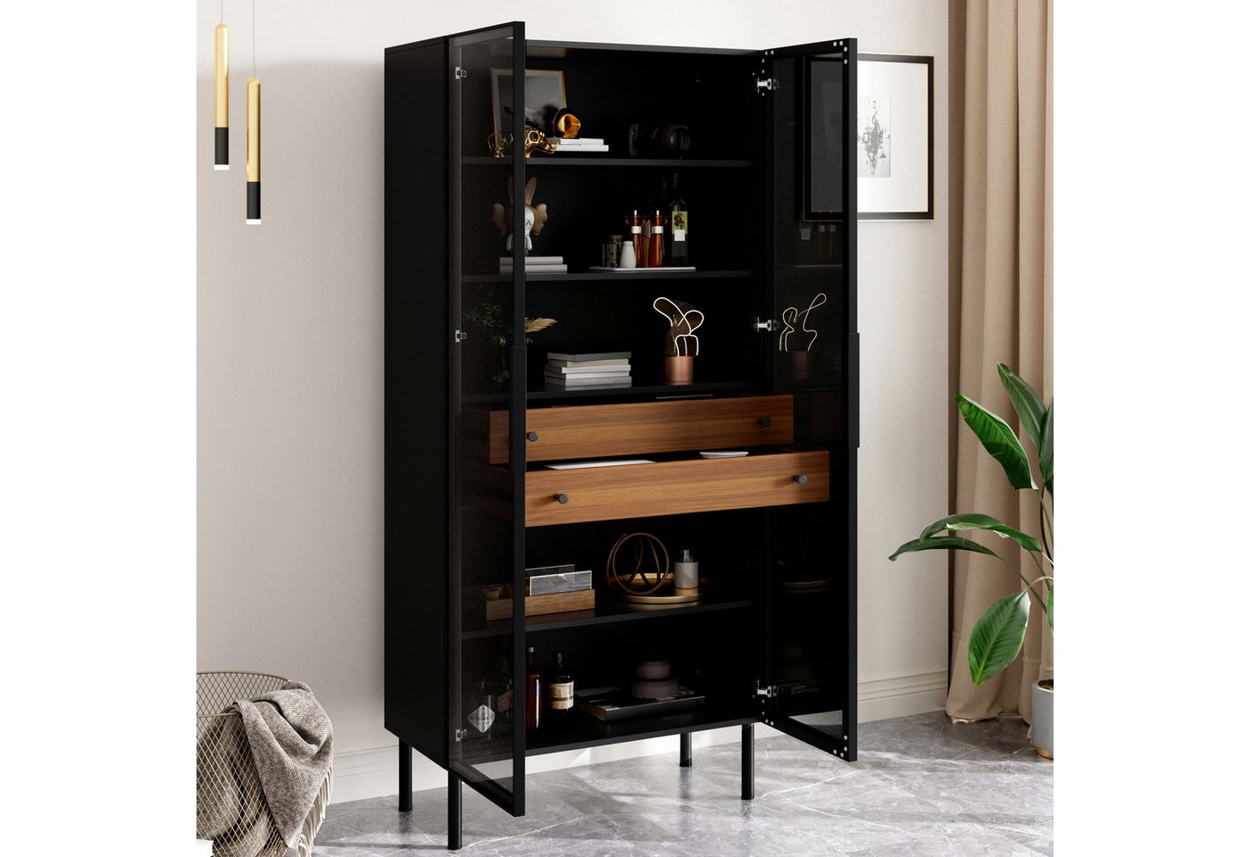 Merax Vitrine mit LED-Beleuchtung, Aufbewahrungsschrank Hochschrank (70 L x 36 B x 170 H cm, 1-St) Standvitrine mit 2 Schubladen, Innenregalen und Glasfront – Bild 4 von 5