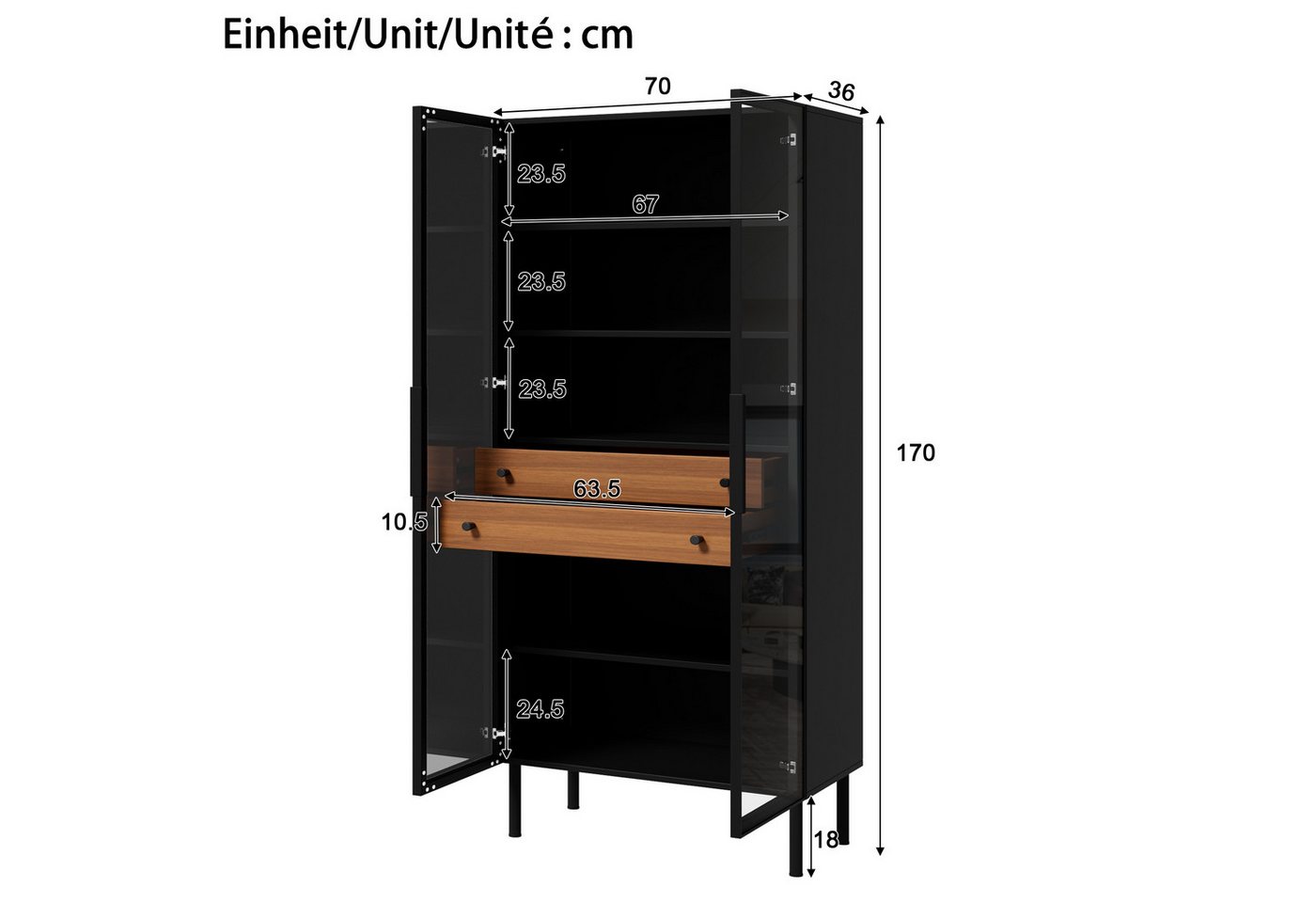 Merax Vitrine mit LED-Beleuchtung, Aufbewahrungsschrank Hochschrank (70 L x 36 B x 170 H cm, 1-St) Standvitrine mit 2 Schubladen, Innenregalen und Glasfront – Bild 5 von 5
