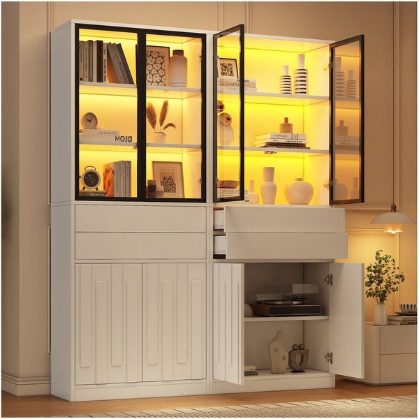Merax Vitrine mit LED-Beleuchtung, Standvitrine mit 4 Türen aus Sicherheitsglas (70 × 34 × 180 cm, 2-St., Glasvitrine Standvitrine) Hochschrank mit 2 Schubladen