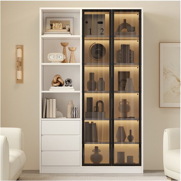 Merax Vitrine mit LED-Beleuchtung, Weinschrank mit höhenverstellbarem Einlegeboden (1-St., Glasvitrine Multifunktionsschrank Vitrinenschrank 100x35x160cm) Hochs