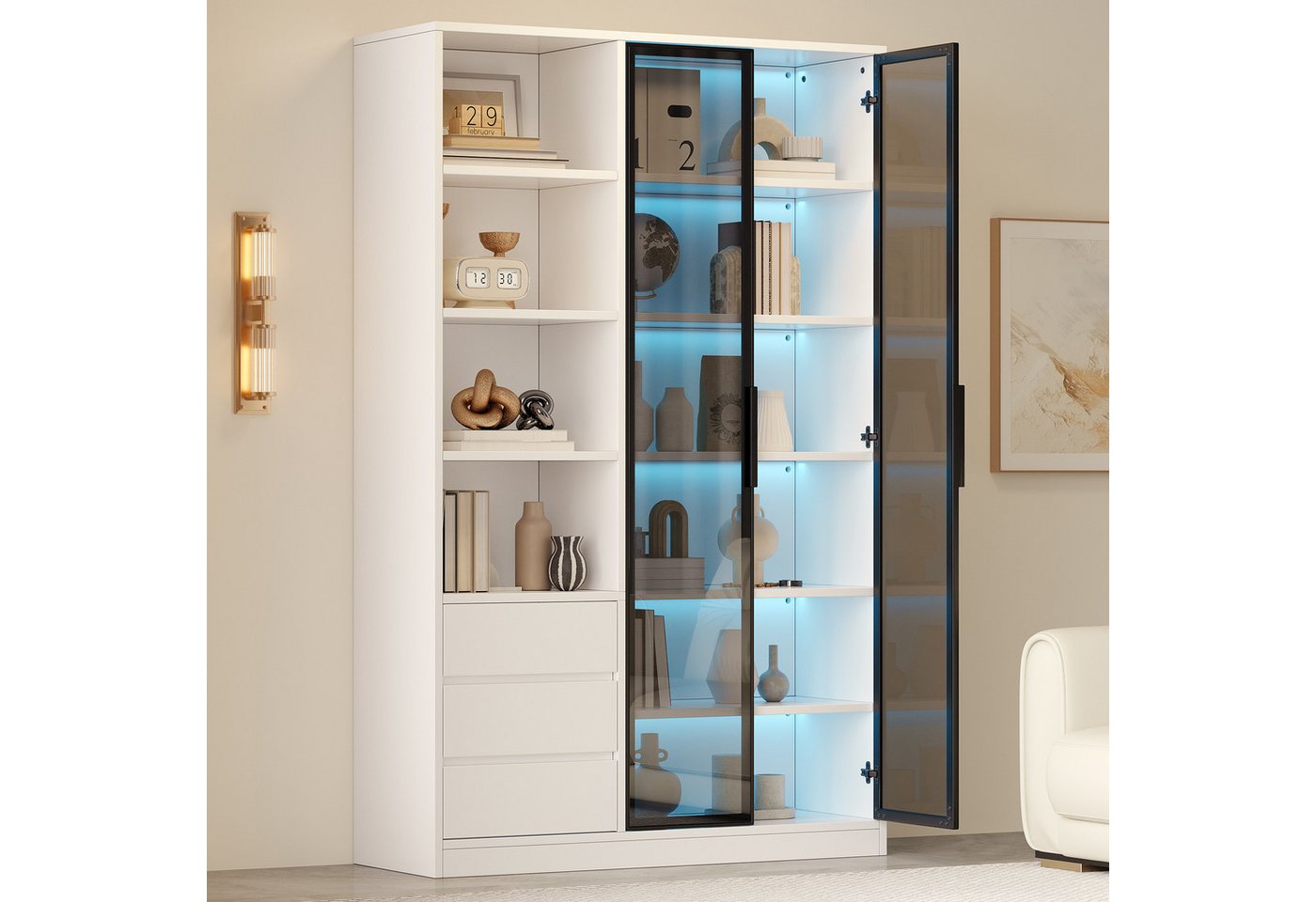 Merax Vitrine mit LED-Beleuchtung, Weinschrank mit höhenverstellbarem Einlegeboden (1-St., Glasvitrine Multifunktionsschrank Vitrinenschrank 100x35x160cm) Hochs – Bild 2 von 5