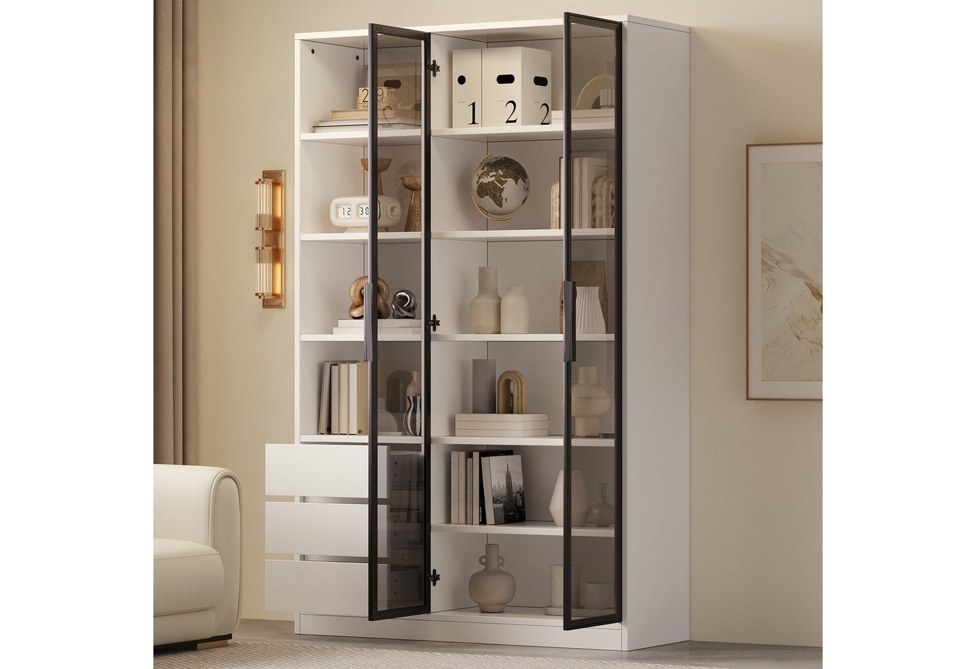 Merax Vitrine mit LED-Beleuchtung, Weinschrank mit höhenverstellbarem Einlegeboden (1-St., Glasvitrine Multifunktionsschrank Vitrinenschrank 100x35x160cm) Hochs – Bild 3 von 5