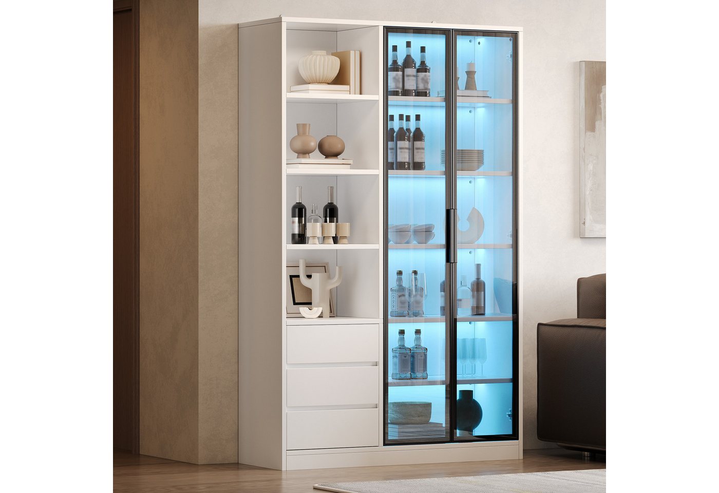 Merax Vitrine mit LED-Beleuchtung, Weinschrank mit höhenverstellbarem Einlegeboden (1-St., Glasvitrine Multifunktionsschrank Vitrinenschrank 100x35x160cm) Hochs – Bild 4 von 5