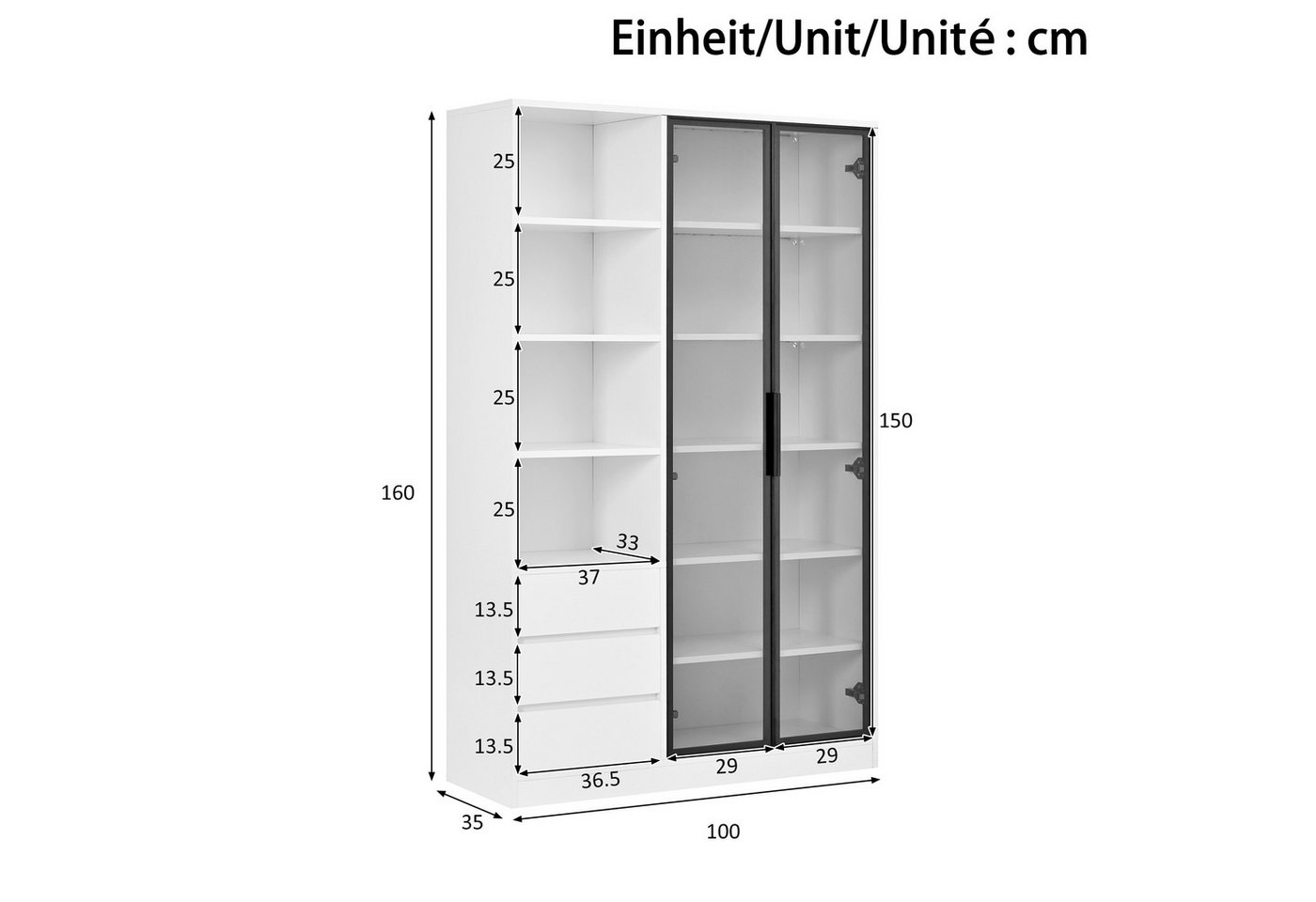 Merax Vitrine mit LED-Beleuchtung, Weinschrank mit höhenverstellbarem Einlegeboden (1-St., Glasvitrine Multifunktionsschrank Vitrinenschrank 100x35x160cm) Hochs – Bild 5 von 5