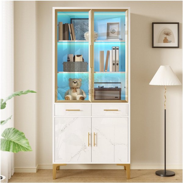 Merax Vitrine mit LED Beleuchtung, Standvitrine mit Marmoroptik & Metallfüßen (75Lx38Bx170Hcm, 1-St) Hochschrank mit 2 Schubladen, 2 Glastüren, 2 Türen & Staura