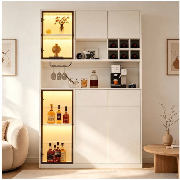 Merax Vitrine mit LED-Beleuchtung, verstellbaren Einlegeböden & gehärtetem Glas (Standvitrine Buffetschrank Glasvitrine 120× 33 × 200 cm, 1-St) Hochschrank 6 Tü